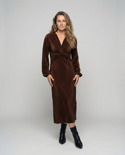 Damen nan plissiertes Midikleid mit V‑Ausschnitt, Knoten‑Taillenpartie und seitlichem Beinschlitz R&B