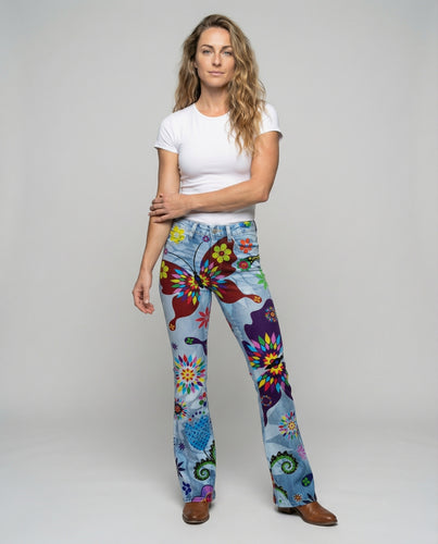Damen nan Schlaghose mit rockigem Totenkopf-Alloverprint, elastischem Komfortbund und weitem Bein R&B