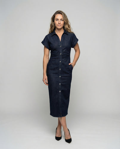 Damen nan schlankes Hemdkleid in Jeansoptik mit durchgehender Knopfleiste und taillierter Raffung R&B