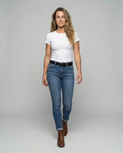 Damen nan schmal geschnittene Jeans mit umgeschlagenem Saum, elastischem Komfortbund und dezenter Used-Optik R&B