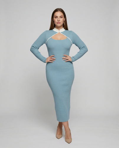 Damen nan schmal geschnittenes Rippstrickkleid mit asymmetrischem Ausschnitt, dekorativem Stehkragen und hohem Seitenschlitz R&B