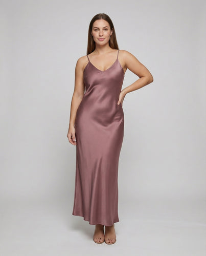 Damen nan schräg geschnittenes Satin-Maxikleid im Slip-Stil mit V-Ausschnitt und feinen Spaghettiträgern R&B