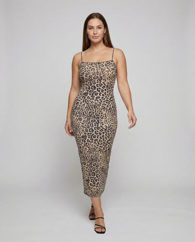Damen nan schräg geschnittenes Slipkleid mit Spaghettiträgern und Leopardenmuster R&B