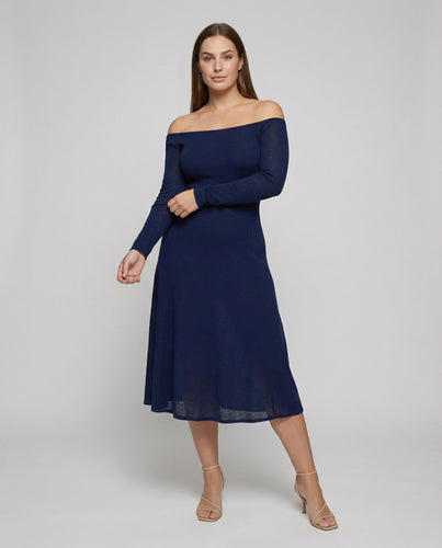 Damen nan schulterfreies Feinstrick-Midikleid mit taillierenden Abnähern, langen Ärmeln und ausgestelltem A-Linien-Rock R&B
