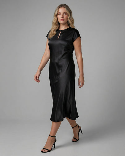 Damen nan seidig-fallendes Maxikleid mit kimonoähnlichen Kurzärmeln, Rundhalsausschnitt und Tropfenschlitz hinten R&B