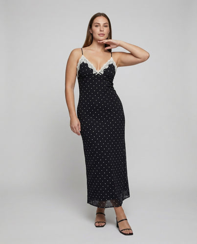Damen nan seidig-fließendes Slipkleid mit Spitzenbesatz und Punkteprint R&B