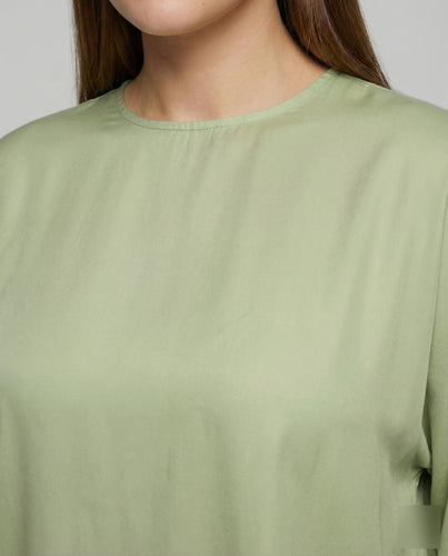 Damen nan seidiges Oversize-Blusenshirt in Satinoptik mit Ballonärmeln und Rundhalsausschnitt R&B