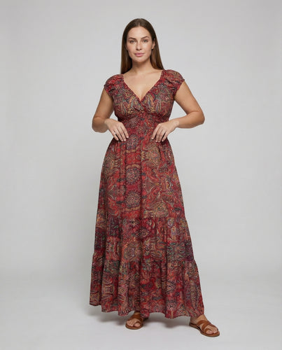 Damen nan smokbesetztes Maxikleid mit V-Ausschnitt, Puffärmeln und mehrlagigem Stufenrock R&B