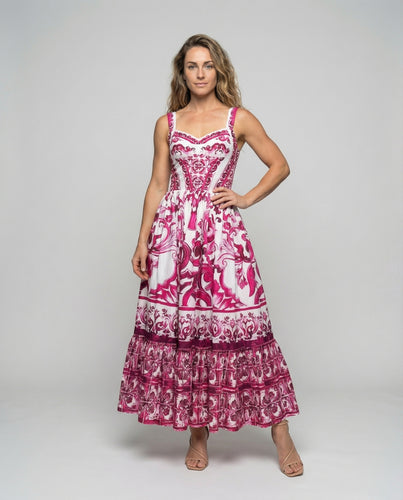 Damen nan sommerliches Maxikleid mit tailliertem Mieder, voluminösem Stufenrock und ornamentalem Print R&B