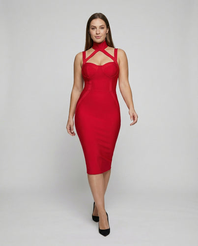 Damen nan tailliertes Bandage-Midikleid mit Korsagen-Cups Herzausschnitt und Choker-Trägern R&B