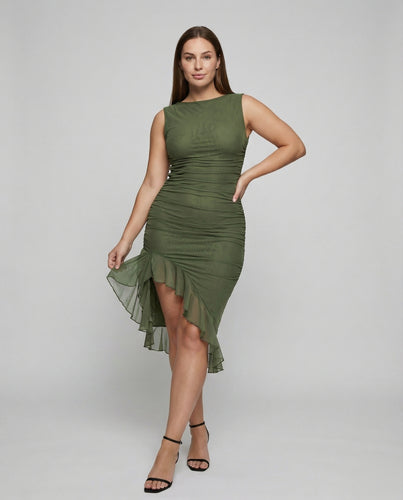 Damen nan tailliertes Chiffon-Drapé-Midikleid mit feiner Raffung, asymmetrischem Volant und seitlichem Beinschlitz R&B
