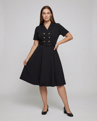 Damen nan tailliertes Midikleid im Retro-Stil mit doppelreihiger Knopfleiste, Reverskragen, Taillengürtel mit ovaler Schnalle und ausgestelltem Tellerrock R&B