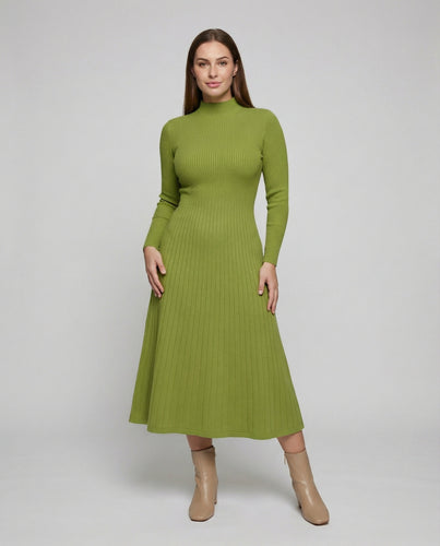 Damen nan tailliertes Rippstrick-Midikleid mit figurformendem Oberteil und plissiertem Rockteil R&B