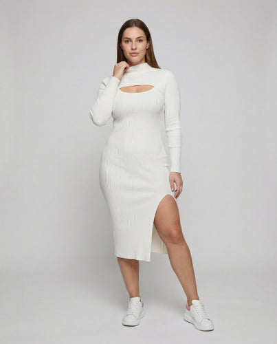 Damen nan tailliertes Rippstrick-Midikleid mit Rollkragen, Brustausschnitt und hohem Seitenschlitz R&B