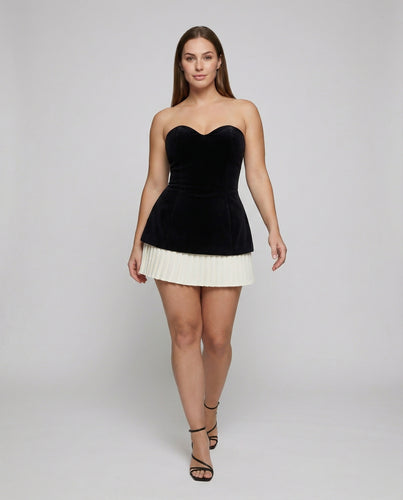 Damen nan trägerloses Samt-Cocktailkleid mit taillierter Korsagen-Optik und plissiertem Saum R&B