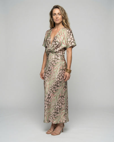 Damen nan Twist-Wickel-Maxikleid mit tiefem V-Ausschnitt, Knotenbund und Kimonoärmeln R&B