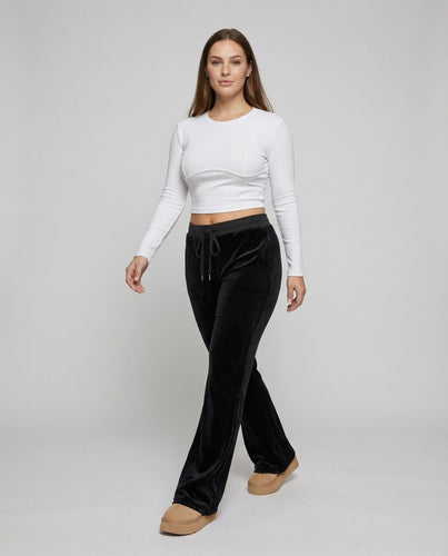 Damen nan Velours-Loungehose mit hohem Komfortbund, Kordelzug und extra weitem Bein R&B