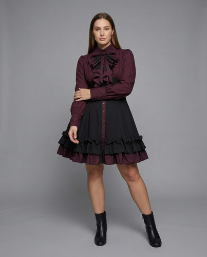 Damen nan viktorianisches Lolita-Kleid mit Rüschen-Jabot und tailliertem Mieder sowie mehrlagigem Tellerrock R&B