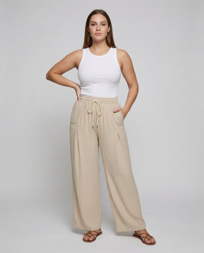 Damen nan weit geschnittene, leicht gekräuselte Loungehose mit hohem Komfortbund, Kordelzug und aufgesetzten Rundtaschen R&B