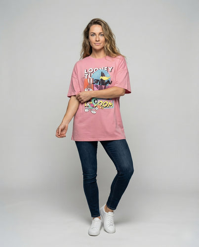 Damen nan weit geschnittenes Comic-T-Shirtkleid mit Looney-Tunes-Motiv und abgerundetem Saum R&B