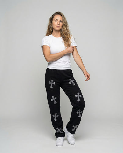 Damen nan weite Streetwear-Hose mit allover Kreuz-Applikationen und geradem Bein R&B