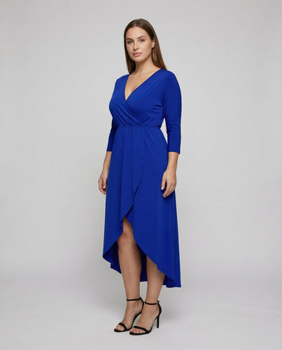 Damen nan Wickel-Maxikleid mit tiefem V-Ausschnitt, dreiviertelärmeln, tailliertem Bindegürtel und asymmetrischem Tulpen-Saum R&B