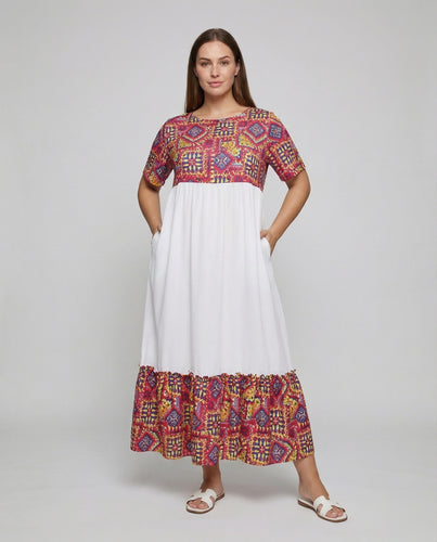 Damen nan zweiteiliges A-Linien-Maxikleid mit gemusterter Passe, Kurzarm und Volant-Saum R&B