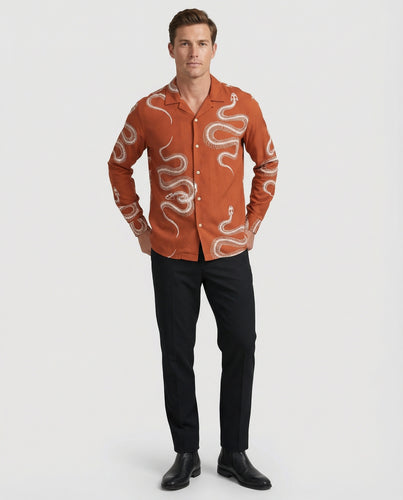 Herren nan bedrucktes Langarm-Overshirt mit Cuba-Kragen und markantem Skelett-Schlangenprint R&B