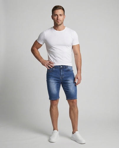 Herren nan elastische Jeans-Bermuda mit schmaler Oberschenkelpassform, Komfortbund und klassischem Taschenaufbau R&B