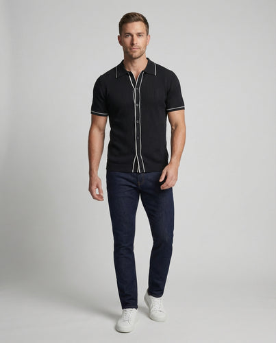 Herren nan Kurzarm-Strickcardigan im Retro-Polo-Stil mit Lochmuster und Kontrastpaspel R&B