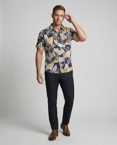 Herren nan kurzärmeliges Hawaiihemd mit Camp-Kragen, tropischem Blattprint und Brusttasche R&B