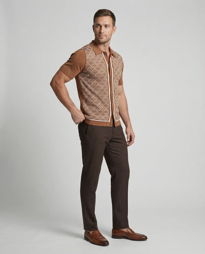 Herren nan kurzärmeliges Strick-Poloshirt mit durchgehender Knopfleiste und feinem Jacquardmuster R&B