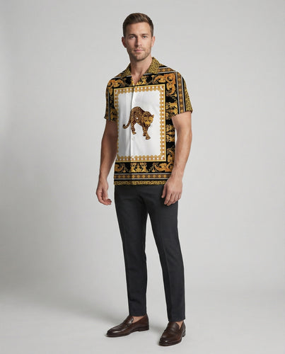 Herren nan luftiges Kurzarm-Hemd mit Kuba-Kragen und barockem Ornamentprint R&B