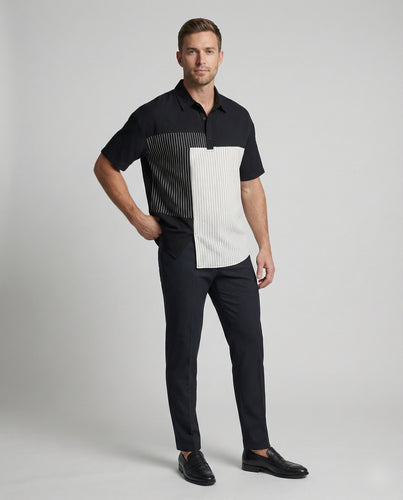 Herren nan modisches Kurzarm-Poloshirt mit asymmetrischen Nadelstreifen-Einsätzen und legerer Oversize-Passform R&B