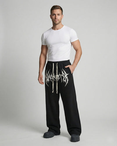 Herren nan ultrabreite Streetwear-Sweathose mit hohem Komfortbund, extra langen Kordeln und markantem Metal-Logo-Print R&B