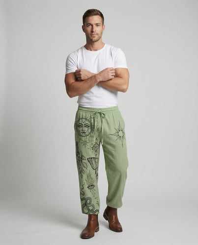 Herren nan weite Leinen-Loungehose mit elastischem Bund, Tunnelzug und illustrativem Mystikmotiv R&B