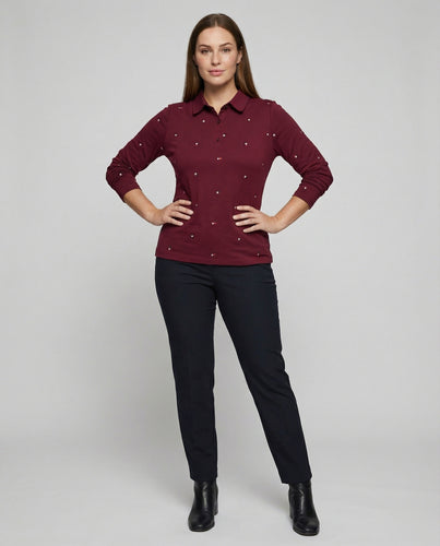 Damen Bestickte Langarm Baumwoll Poloshirt