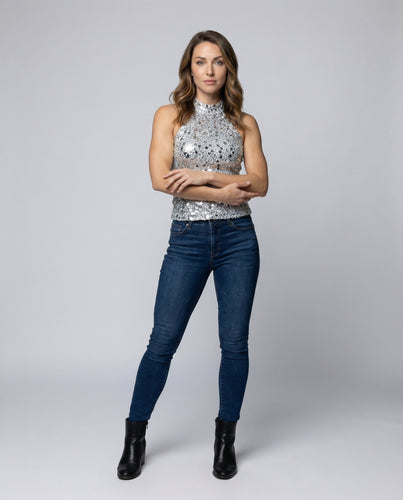 Damen Glitzernde Pailletten Mischgewebe Neckholder-Oberteil