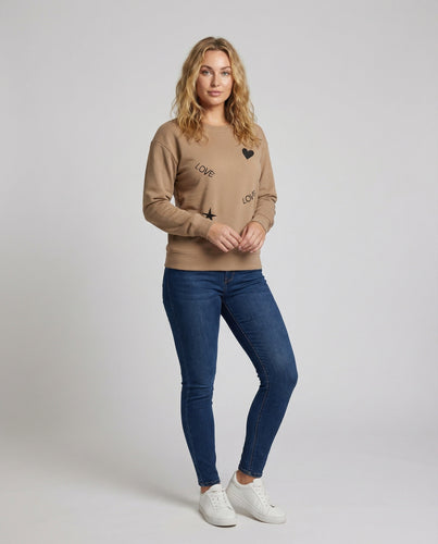 Damen Lässiges Herz-Stern-Print Baumwollmisch Sweatshirt