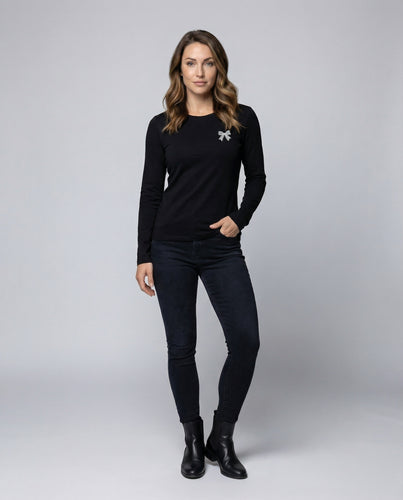 Damen Lockeres Schleifenstickerei Baumwollmix Langarmshirt