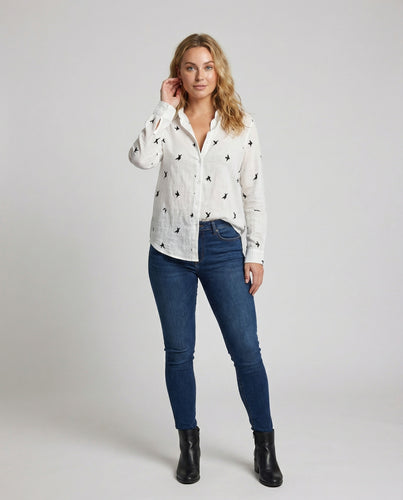 Damen Luftige Vogelprint Leinen Bluse