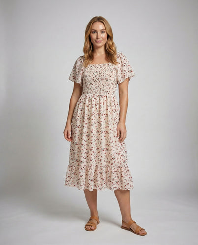 Damen Smockierte Quadrat-Ausschnitt Chiffon Midikleid