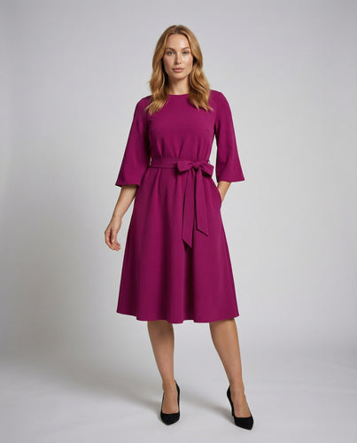 Damen Taillierte Bindegürtel Mischgewebe Midikleid