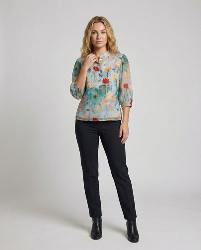 Damen Zarte Perlmuttknopfleiste Crêpe Lotusbluse