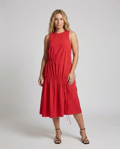 Damen Ärmellose Stufenraffung Baumwoll Volantkleid