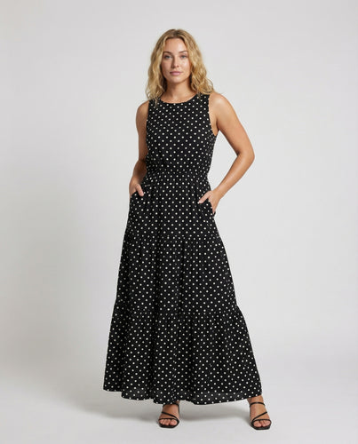 Damen Ärmellose Gestufte Viskose-Mix Maxikleid