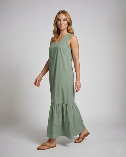 Damen Ärmellose Voluminöse Mischgewebe V-Ausschnitt Maxikleid