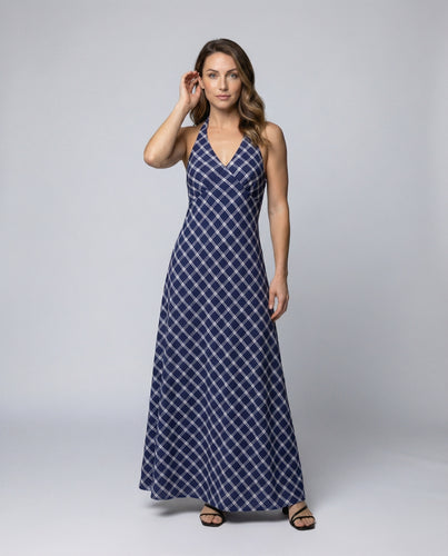 Damen Ausgestellte Karierte Baumwoll Träger-Maxikleid