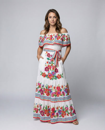 Damen Bestickte Stufenrock Mischgewebe Carmen-Maxikleid