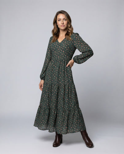 Damen Florale Gestufte Mischgewebe Maxikleid